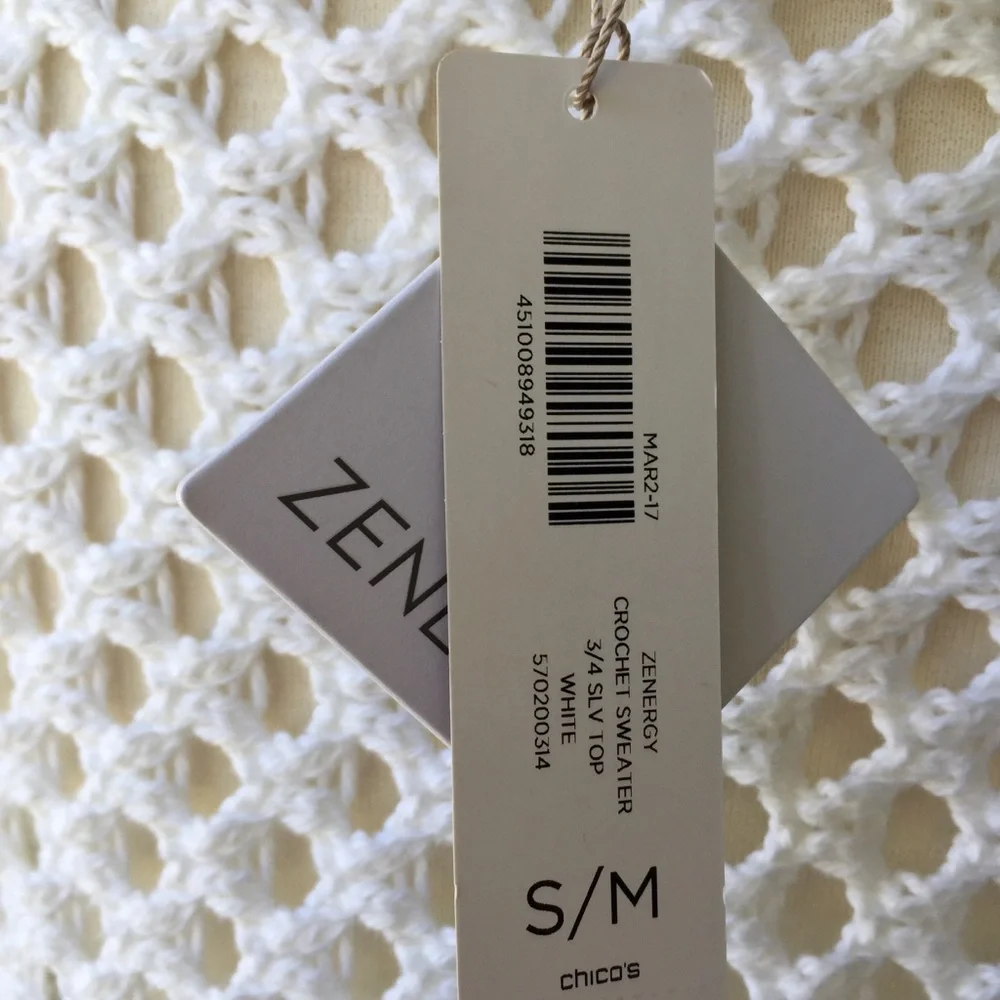 NWT Zenergy by Chico’s Crochet Sweater Lightweight Layer S/M 100% COTTON